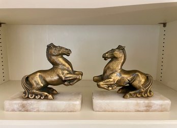 Pair Of Metal Horse Bookends On Marble Plinths