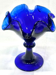 Vintage Cobalt Blue Ruffled Edge Compote By Cassis And Co.