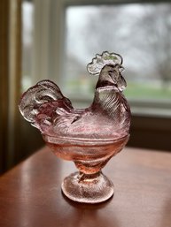 Pink Depression Glass Hen On Nest Lidded Pedestal Figural Bowl