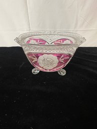 Vintage Cut Crystal Red Daisy Footed Sawtooth Candy Nut Dish Bowl