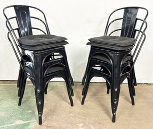 A Set Of 6 Industrial Metal Chairs IN Gloss Black With Linen Cushions