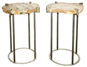 A Pair Of Modern Side Tables With Petrified Wood Tops By Arhaus