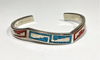 Silver Tone Costume Turquoise And Coral Southwestern Cuff Bracelet