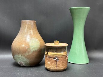 A Pretty Grouping Of Ceramic & Metal Vases, Covered Jar