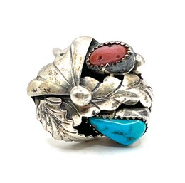 Vintage Native American Sterling Silver Large Turquoise And Coral Ring, Size 8