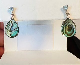 SIGNED NV STERLING SILVER SHELL DANGLE EARRINGS WITH BLUE STONE