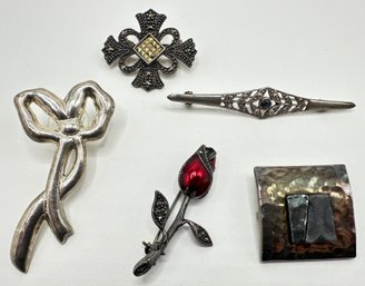 5 Vintage Sterling Silver Pins Brooches, Including Mexican Marcasite, Marked 925, Some Mexican
