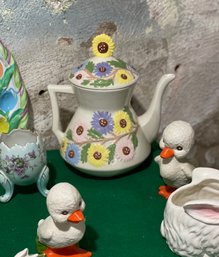 1960s Ceramic Tea Pot Floral Relief Design Accents