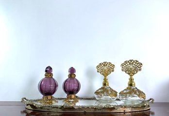 Victorian Vanity Top Set - Mirrored Tray With (4) Perfume Bottles With Glass Applicators