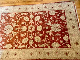 Hand Knotted Wool Carpet In Deep Red Orange & Cream 5'4' X 8'4'