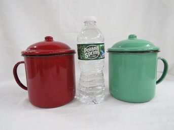 Brick Red And Green Metal Canisters With Handle