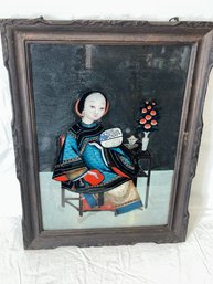 Very Fine Antique CHINESE Reverse Painting In Period Frame- Seated Empress With Hand Mirror