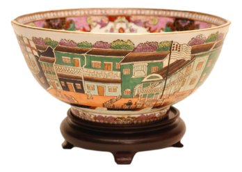 Chinese Export Famille Rose Polychrome  Porcelain Hong Bowl With Rosewood Base