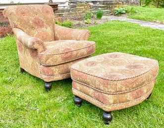 A Rollback Tapestry Armchair And Matching Ottoman In The Style Of George Smith With Sanderson Upholstery