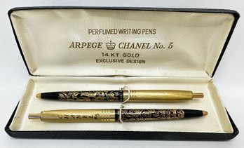 Rare Set Of 2 Arpege Chanel No 5 14K Gold Perfumed Writing Pens In Original Case