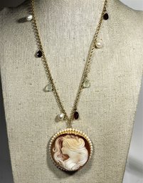 14k Gold Large Shell Cameo, Cultured Pearl And Gemstone Necklace 23.4 Grams