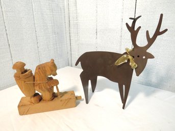German Carved Wood Bear And Barrel And Metal Deer