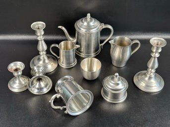 An Assortment Of Vintage Pewter: Candlesticks, Teapot, Creamer/Sugar & More