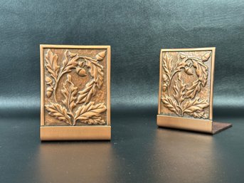 A Terrific Pair Of Vintage Copper Bookends With An Embossed Acorn & Oak Leaf Design