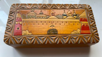 Vintage Russian Carved  Wooden Box With Hand Painted Scene