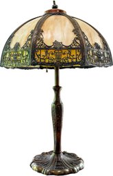 An Art Nouveau Slag Glass Bent Panel Table Lamp, C. 1910, Pittsburgh Or Miller