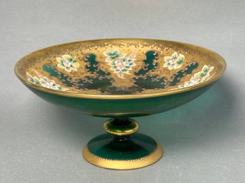 Stunning Vintage Green Bohemian Glass Enameled Flower Pedestal Dish