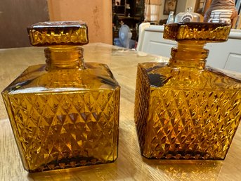 Mid Century Amber Glass Decanters Diamond Pattern