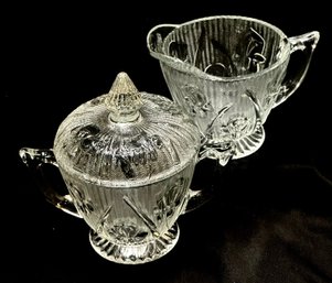 Antique Iris And Hearing Bone Crystal Creamer And Sugar By Jeanette Glass