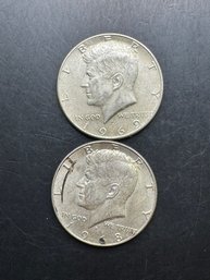 2 Kennedy Silver Half Dollars 1968-D, 1969-D