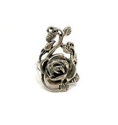 Vintage Sterling Silver Large Rose And Leaf Ring, Size 9