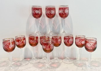 Twelve Antique Bohemian Crystal Sherry Glasses