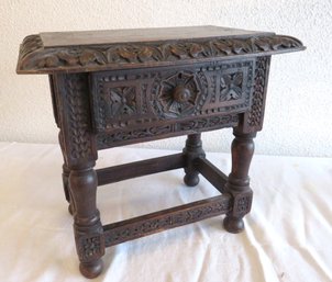 English Carved Stool With Drawer