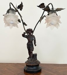 A German Art Nouveau Bronze Figural Lamp On Wood Base