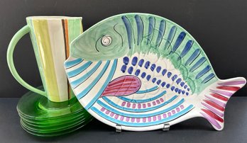Full Of Color - Fish Platter, Green Glass Dishes And Pitcher