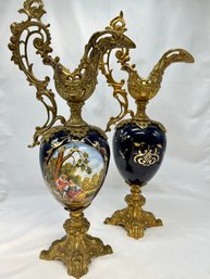Two  Large Vintage Victorian Ewers Hand Painted Glass And Brass - 17' Tall