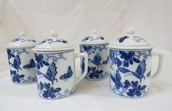 Set Of 4 Ceramic Butterfly Design Lidded Mugs