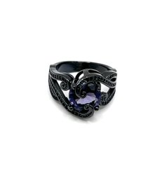 Beautiful Black Tone With Large Amethyst Color Statement Ring, Size 6