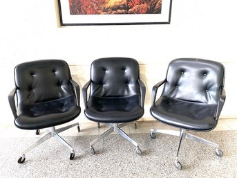 Trio Of Vintage Black Vinyl Steel Case Swivel Rolling Office Chairs