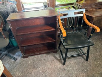 A MAHOGANY BOOKCASE AND A COLLEGE CHAIR