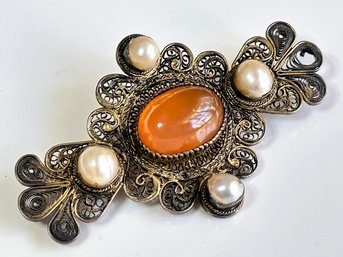 A Vintage Carnelian And Pearl Brooch In Brass Setting, C. 1970's