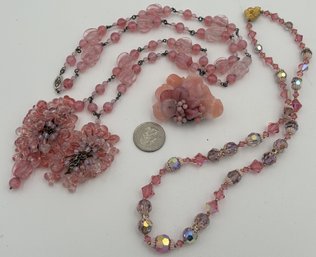 Vintage Estate Jewelry Lot- Aurora Borealis Bead Necklace, Bohemian Necklace, Brooch