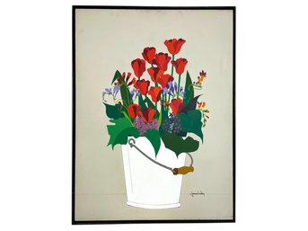 A Vintage Acrylic On Canvas, Modern Flowers In Pail, Joan Luby (American, 1934-2015)