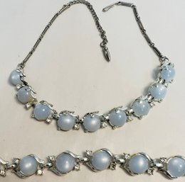 SIGNED CORO SILVER TONE LIGHT BLUE PLASTIC RHINESTONE BRACELET & NECKLACE SET