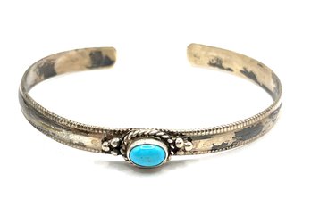 Vintage Native American Designer Sterling Silver Turquoise Cuff Bracelet