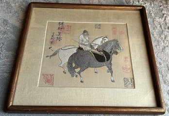 Vintage Chinese HAN GAN Tapestry In Frame- Man Herding Horses- NO SHIPPING