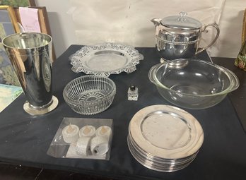 Candle LED Tea Lights, Silversmith Plates, Candy & Pyrex Bowl, Silver On Tea Pot, Krome Kraft Farber Bros.CTC2