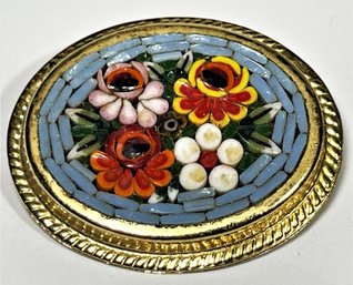 Vintage Italian Gold Over Brass Micro Mosaic Broocdh Light Blue Flowers