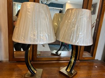 Pair Of 1980s Curved Modern Black & Gold Lamps