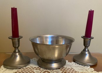 Pewter Candle Holders And Bowl