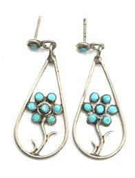 Vintage Sterling Silver Turquoise Flower Dangle Earrings